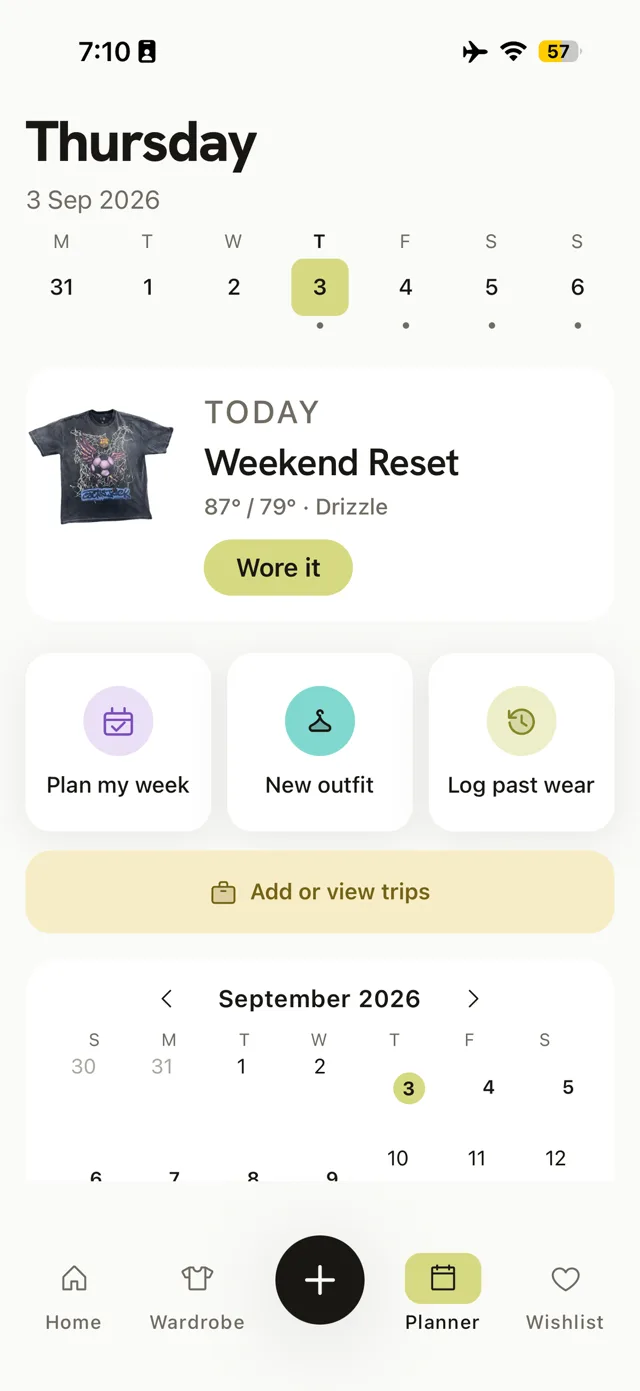 MODA outfit planner screen